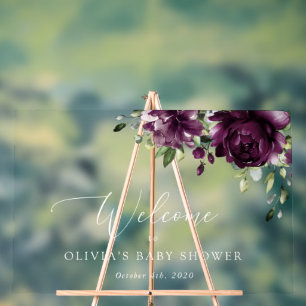Purple Flowers, Plum Flowers, Baby Shower Welcome Acrylic Sign