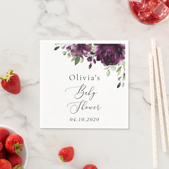 Purple Flowers, Plum Flowers, Boho, Baby Shower Napkin (Insitu)