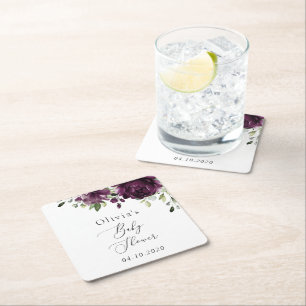 Purple Flowers, Plum Flowers, Boho, Baby Shower Square Paper Coaster
