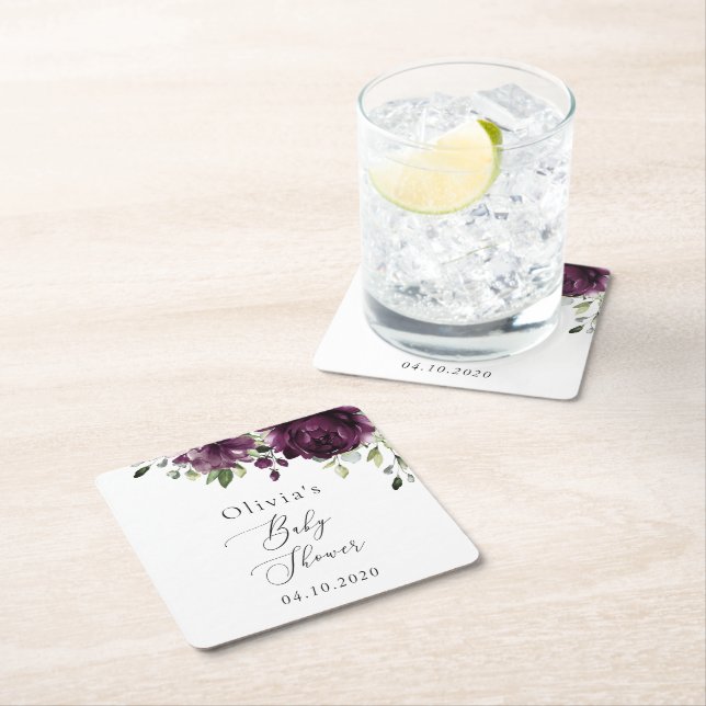 Purple Flowers, Plum Flowers, Boho, Baby Shower Square Paper Coaster (Insitu)