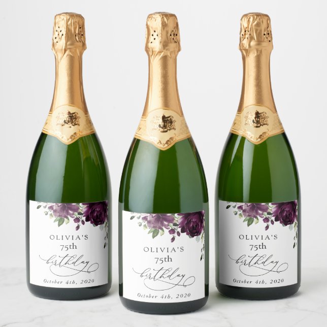 Purple Flowers, Plum Flowers, Boho, Birthday Sparkling Wine Label (Bottles)