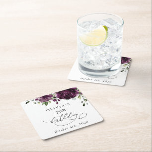 Purple Flowers, Plum Flowers, Boho, Birthday Square Paper Coaster