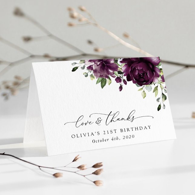 Purple Flowers, Plum Flowers, Boho, Birthday Thank You Card (Creator Uploaded)