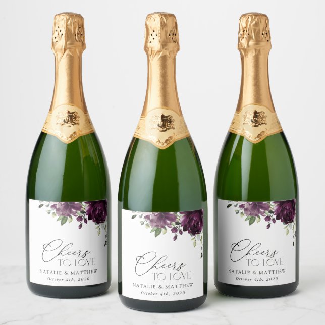 Purple Flowers, Plum Flowers, Boho, Floral Wedding Sparkling Wine Label (Bottles)