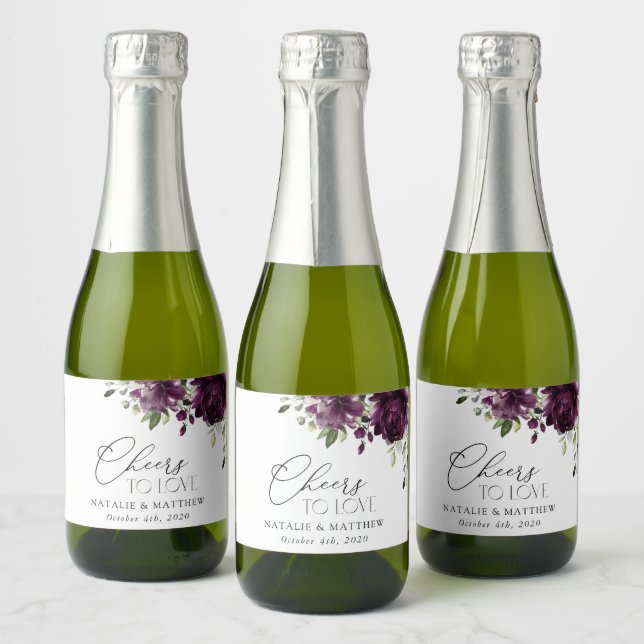 Purple Flowers, Plum Flowers, Boho, Floral Wedding Sparkling Wine Label (Bottles)