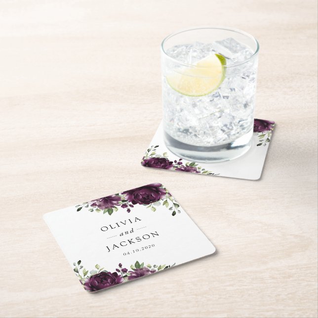 Purple Flowers, Plum Flowers, Boho, Floral Wedding Square Paper Coaster (Insitu)