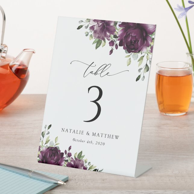 Purple Flowers, Plum Flowers, Boho, Table Numbers Pedestal Sign (In SItu)