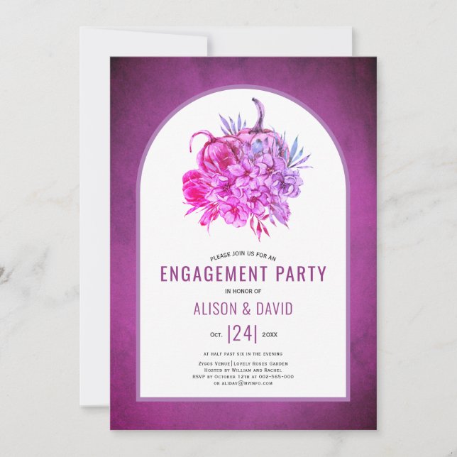 Purple flowers, pumpkins wedding engagement party invitation (Front)