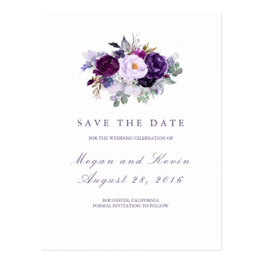 Purple Flowers Romantic Save the Date Postcard