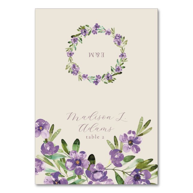 Purple Flowers Romantic Script Foldable Name Card (Front)