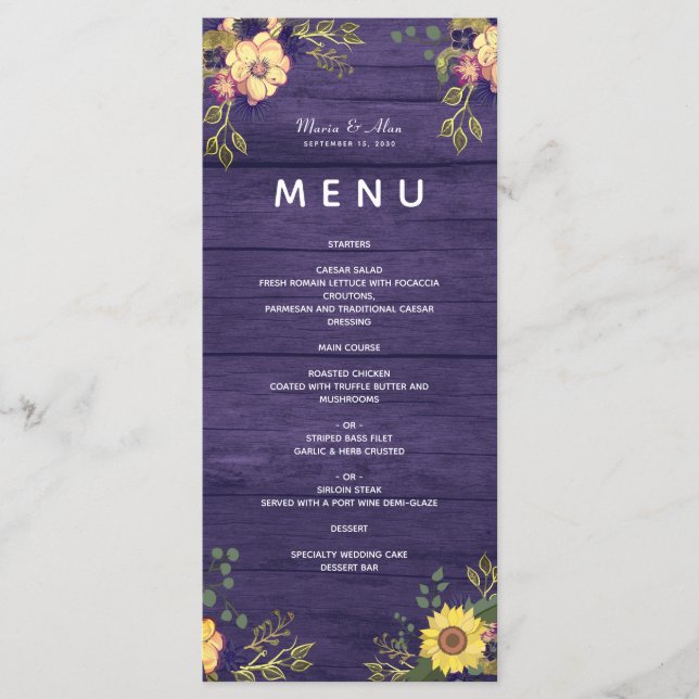 Purple Flowers Rustic Wedding Menu (Front)