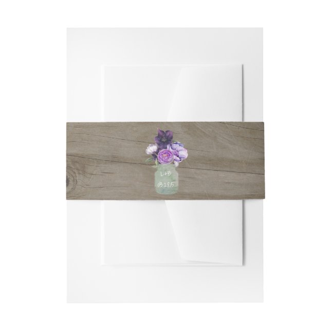 Purple Flowers Rustic Wood Mason Jar Wedding Invitation Belly Band (Front Example)