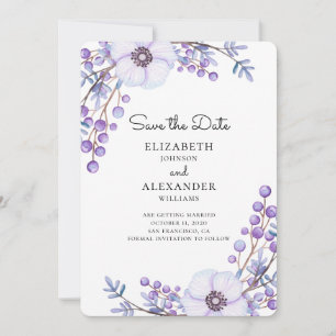 Purple flowers save the date. Botanical wedding Invitation