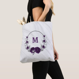 purple flowers silver leaves marble tote bag
