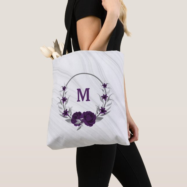 purple flowers silver leaves marble tote bag (Close Up)