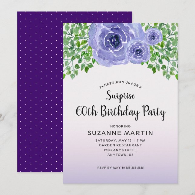 Purple Flowers Surprise 60th Birthday Invitation (Front/Back)