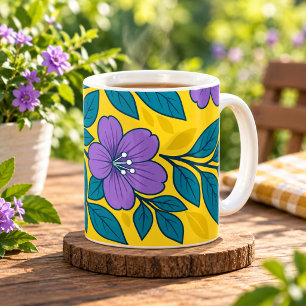 Purple Flowers & Teal Leaves on Yellow Background Coffee Mug