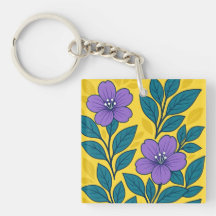 Purple Flowers & Teal Leaves on Yellow Background