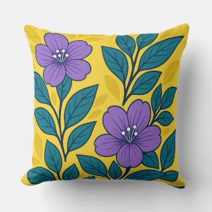 Purple Flowers & Teal Leaves on Yellow Background Throw Pillow