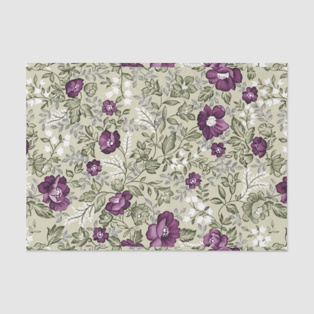 Purple Flowers Violets Background Leafy Floral Tissue Paper (Front)