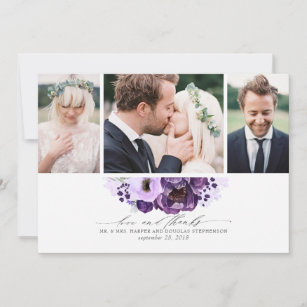 Purple Flowers Wedding 3 Photos Thank You Card