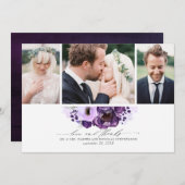 Purple Flowers Wedding 3 Photos Thank You Card (Front/Back)