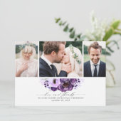 Purple Flowers Wedding 3 Photos Thank You Card (Standing Front)