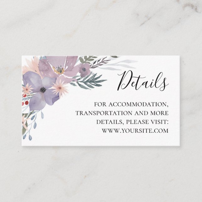 Purple flowers wedding details. Info. Lavender Enclosure Card (Front)