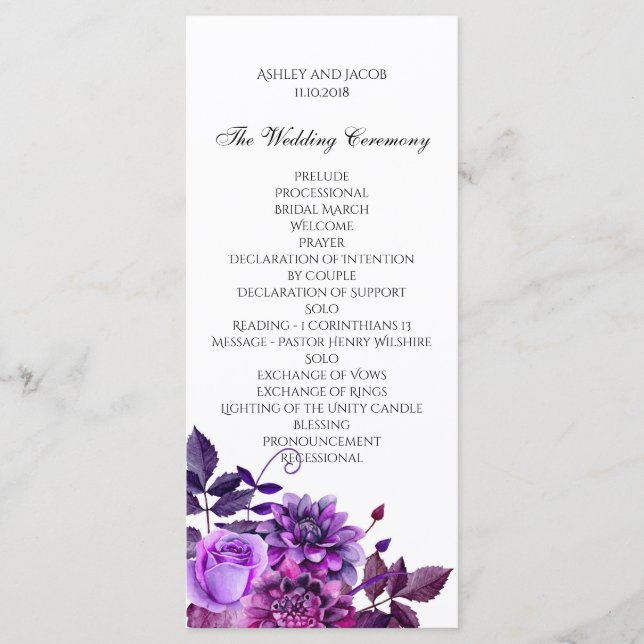 Purple flowers wedding program Floral сeremony (Front)