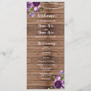 Purple Flowers Wedding Program Wood Rustic Floral