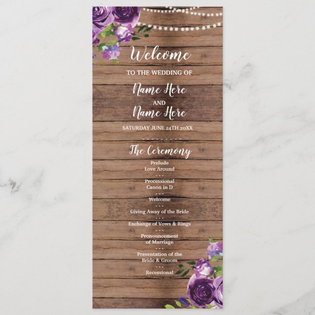 Purple Flowers Wedding Program Wood Rustic Floral (Front)