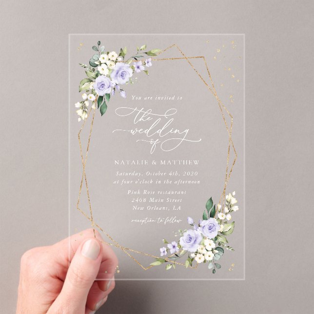 Purple Flowers, White Flowers, Boho, Wedding Acrylic Invitations (Insitu (Handheld))