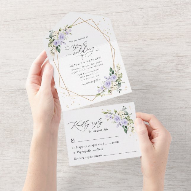 Purple Flowers, White Flowers, Boho, Wedding All In One Invitation (Tearaway)