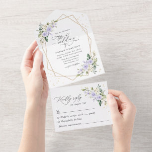 Purple Flowers, White Flowers, Boho, Wedding All In One Invitation