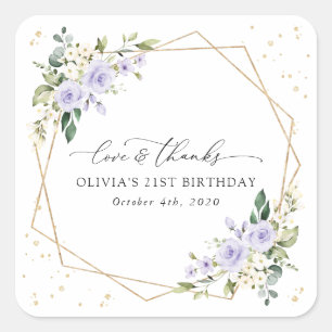 Purple Flowers, White Flowers, Greenery, Birthday Square Sticker