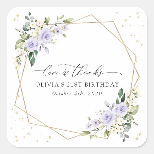 Purple Flowers, White Flowers, Greenery, Birthday Square Sticker (Front)