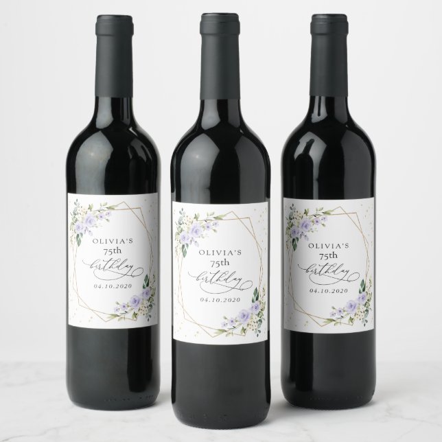 Purple Flowers, White Flowers, Greenery, Birthday Wine Label (Bottles)