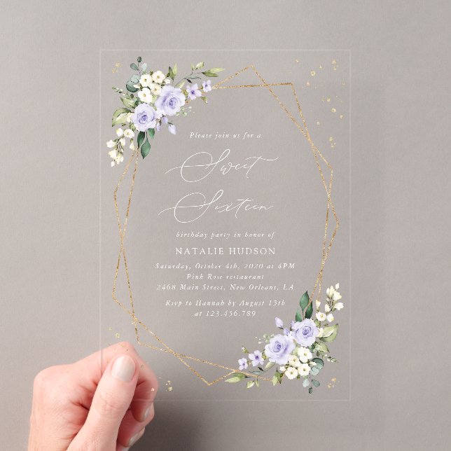 Purple Flowers, White Flowers, Greenery, Sweet 16 Acrylic Invitations (Insitu (Handheld))