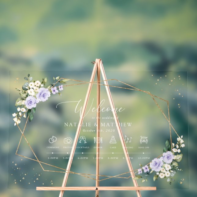 Purple Flowers, White Flowers, Wedding Timeline Acrylic Sign (Neutral)