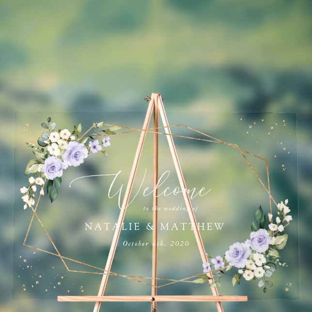 Purple Flowers, White Flowers, Wedding Welcome Acrylic Sign (Neutral)