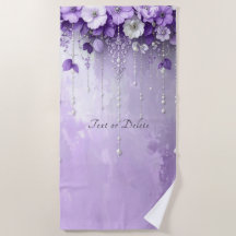 Purple Flowers with Dangling Pearls Beach Towel