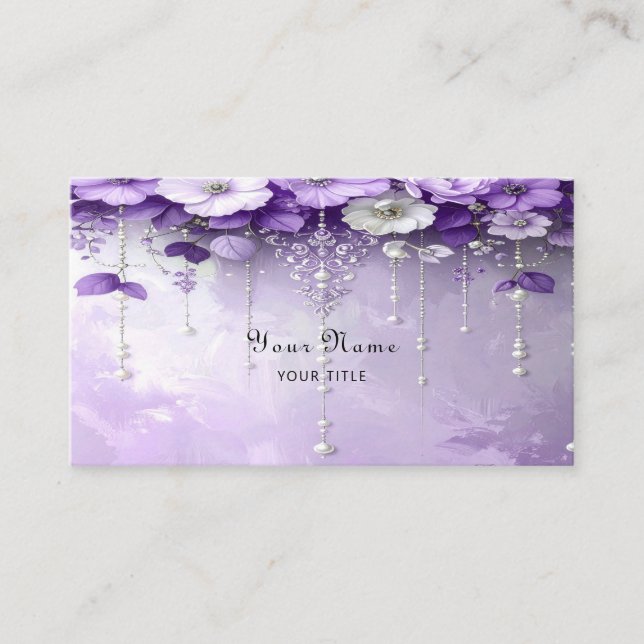 Purple Flowers with Dangling Pearls Business Card (Front)