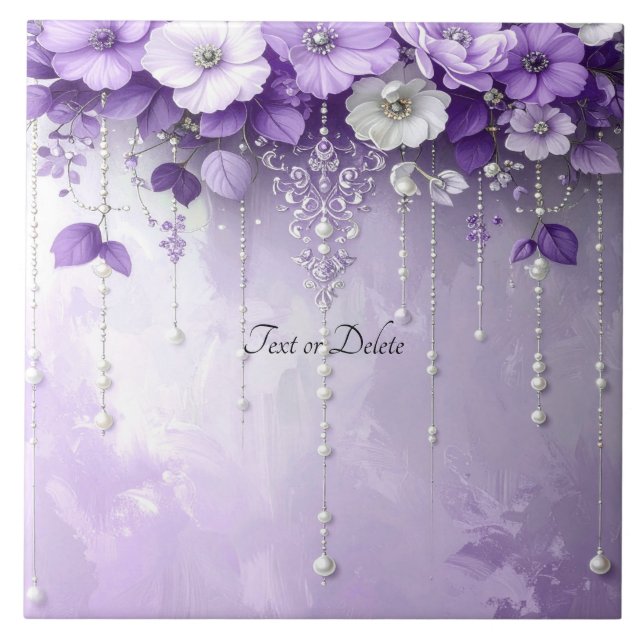 Purple Flowers with Dangling Pearls Ceramic Tile (Front)