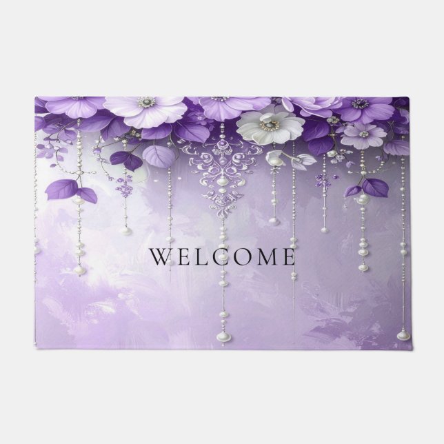 Purple Flowers with Dangling Pearls Doormat (Front)