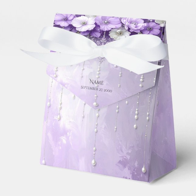 Purple Flowers with Dangling Pearls Favor Box (Front Side)