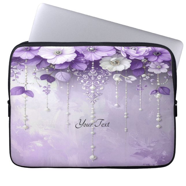 Purple Flowers with Dangling Pearls Laptop Sleeve (Front)