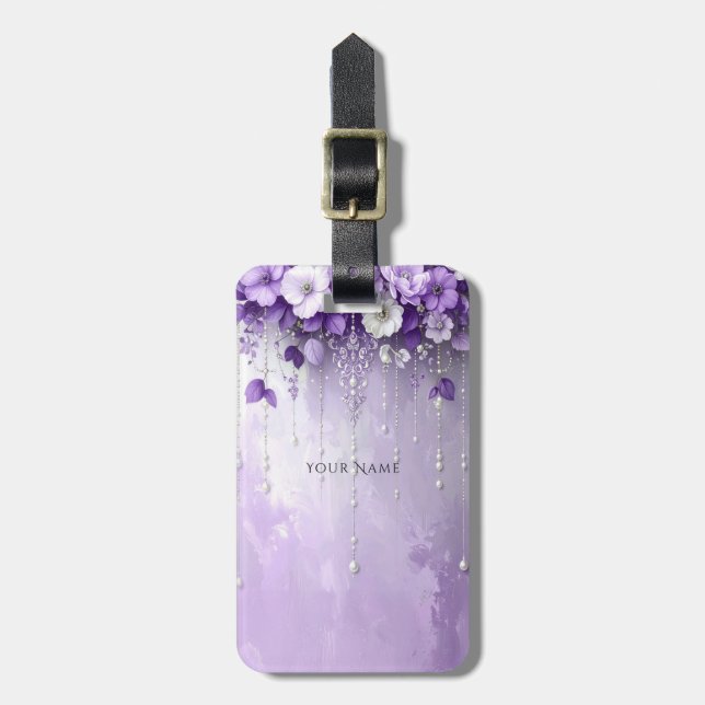Purple Flowers with Dangling Pearls Luggage Tag (Front Vertical)