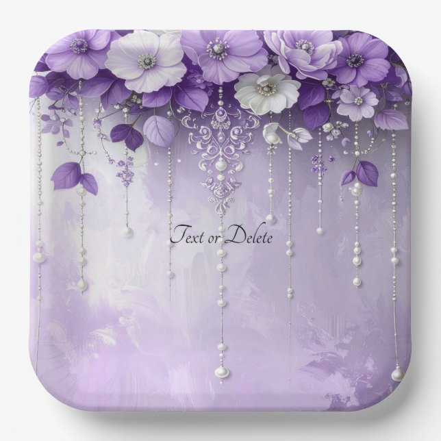 Purple Flowers with Dangling Pearls Paper Plate (Front)