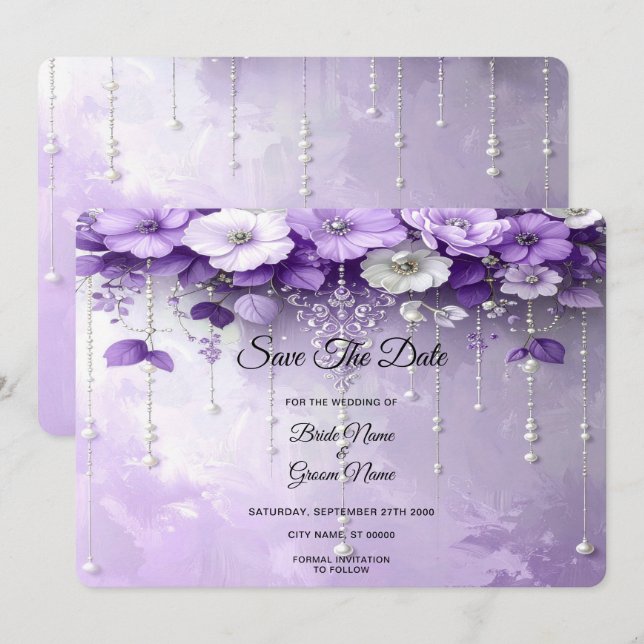 Purple Flowers with Dangling Pearls Save The Date (Front/Back)