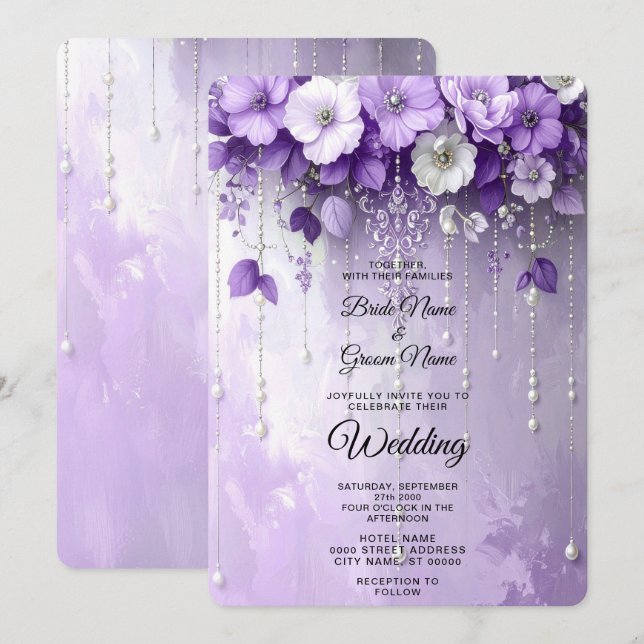 Purple Flowers with Dangling Pearls Wedding Invitation (Front/Back)